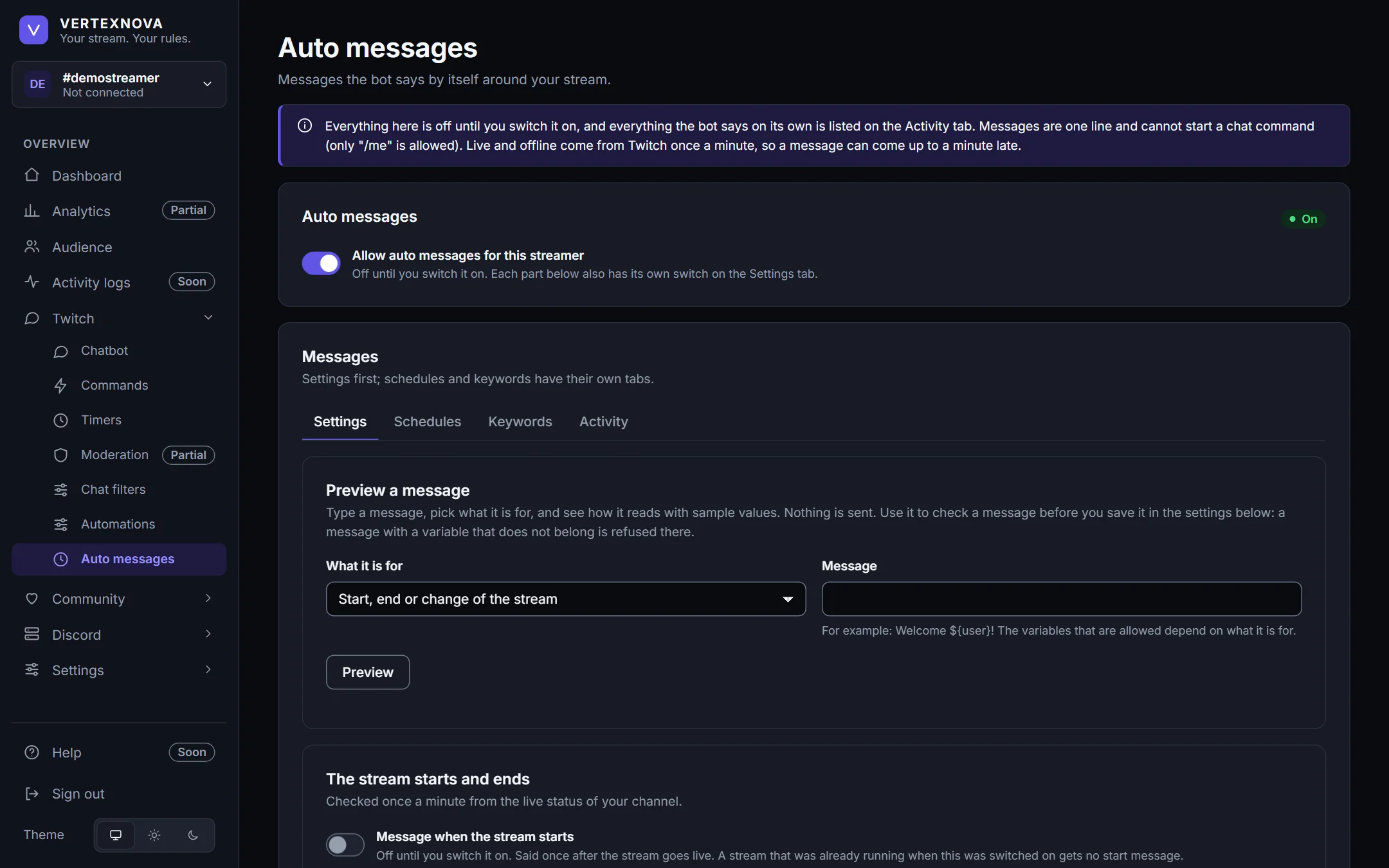 The Auto messages page with the automatic messages around a stream.