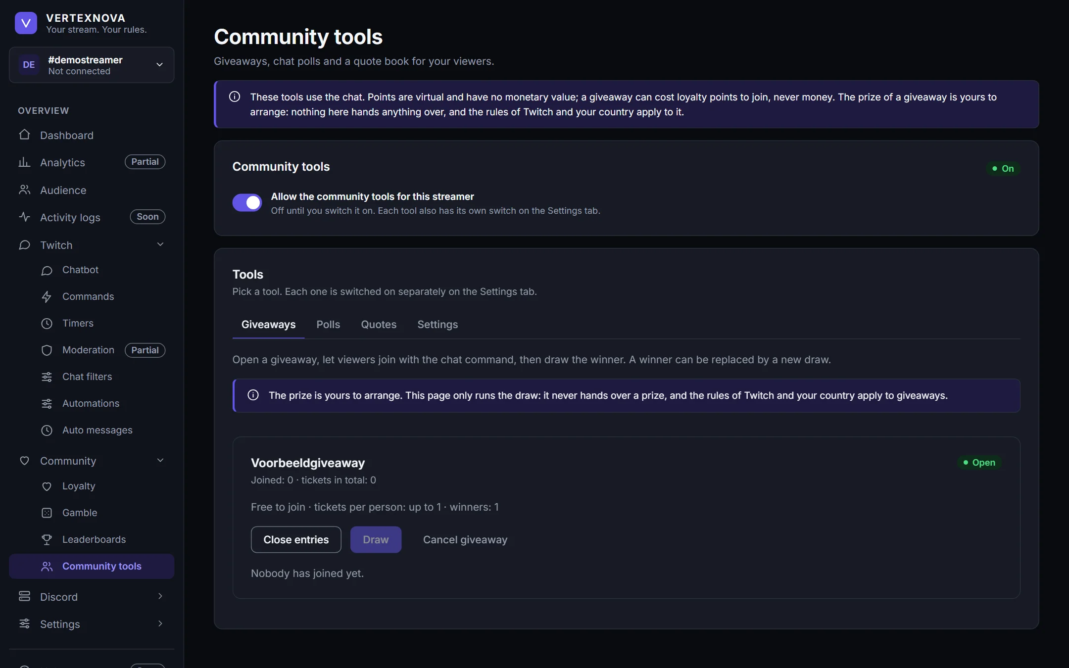 The Community tools page for giveaways, polls and quotes.