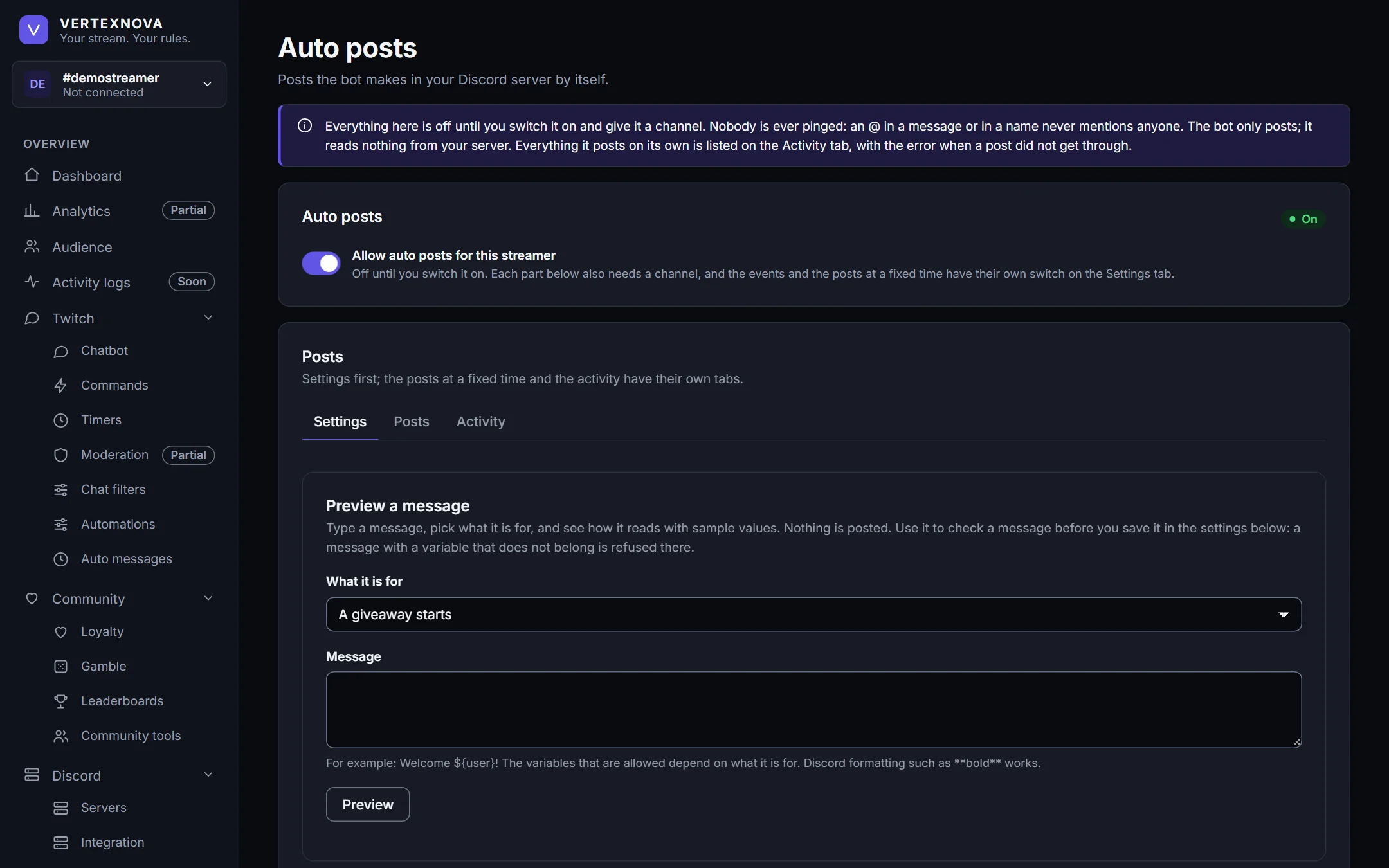 The Auto posts page, with the switch and the settings for posts in a Discord server.
