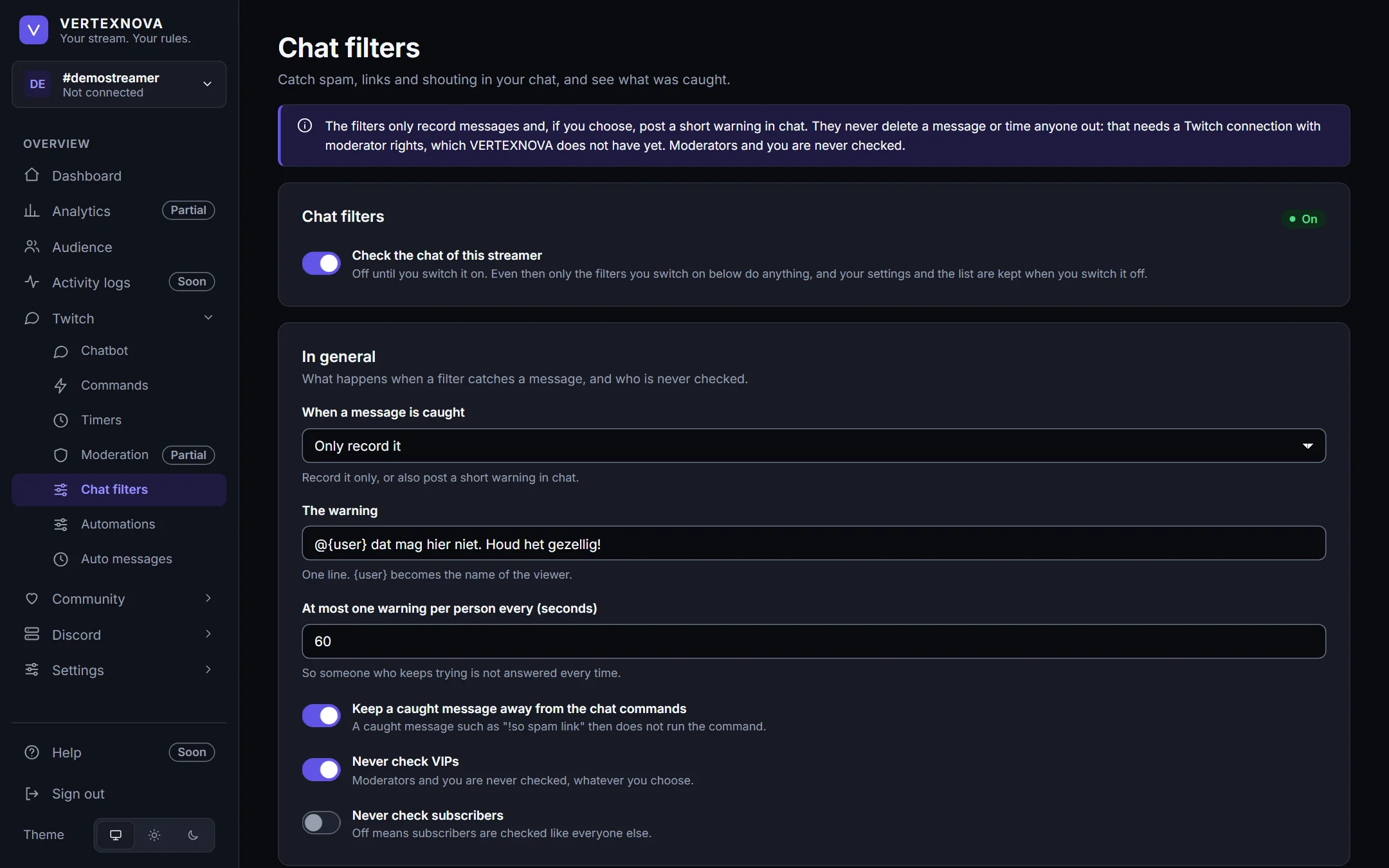 The Chat filters page with the settings for what happens when a message is caught.
