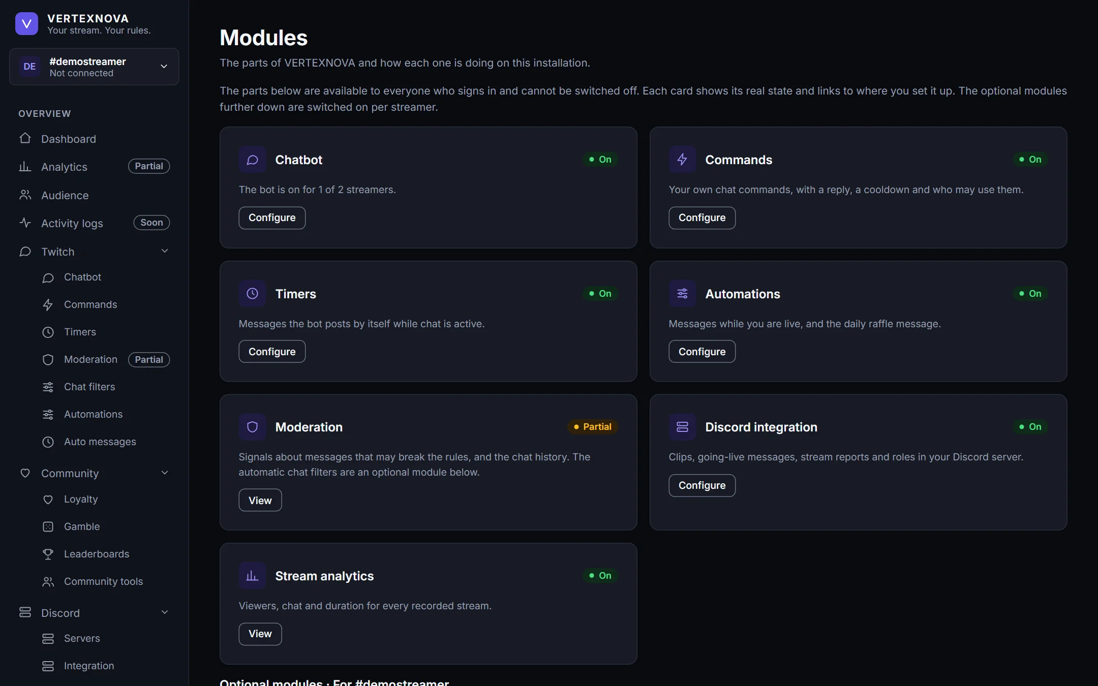 The Modules page of the dashboard listing the optional modules with their switches.