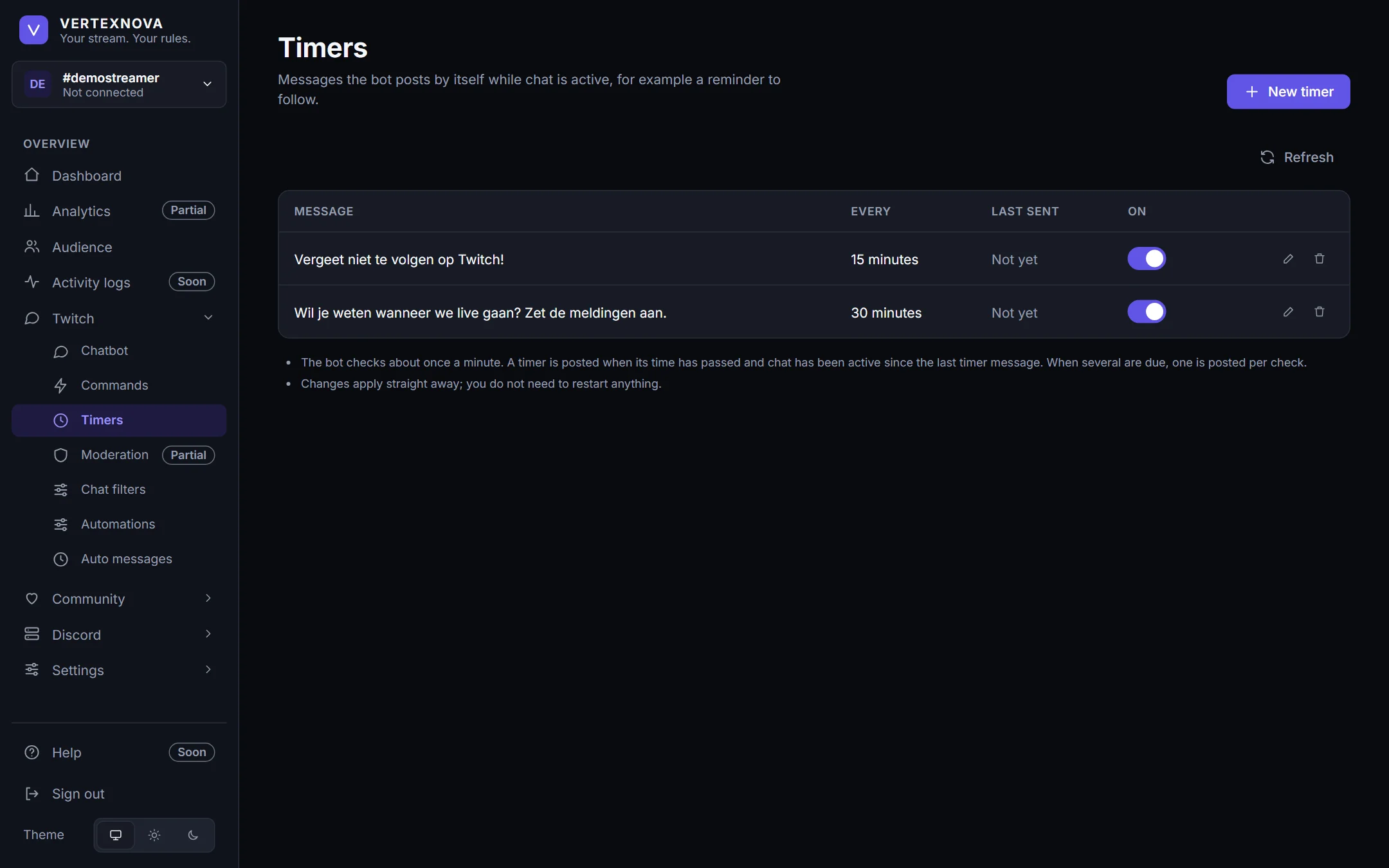 The Timers page listing messages the bot posts at an interval.